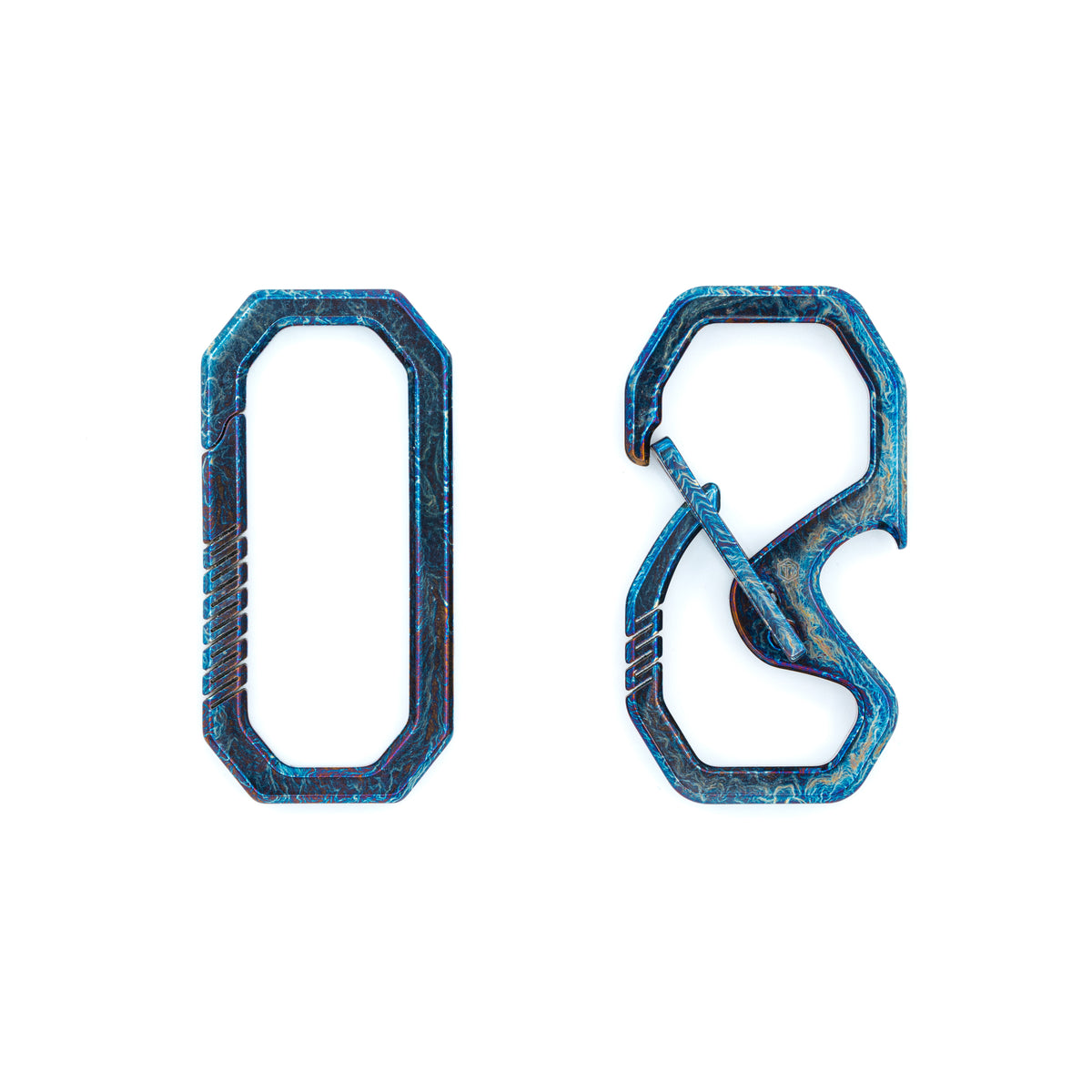 OMNI Link Flamed Blue titanium carabiners, two designs