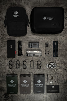 OMNI Field EDC Combo tools, notebooks, pouch and case in a flat lay