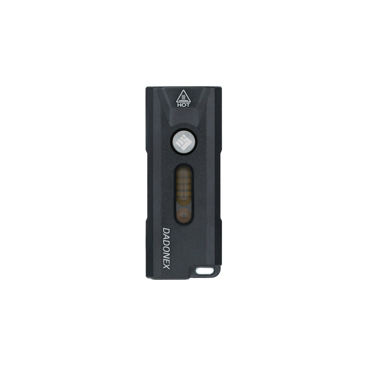 Black VERTEX Nova keychain light, front view with button and side light