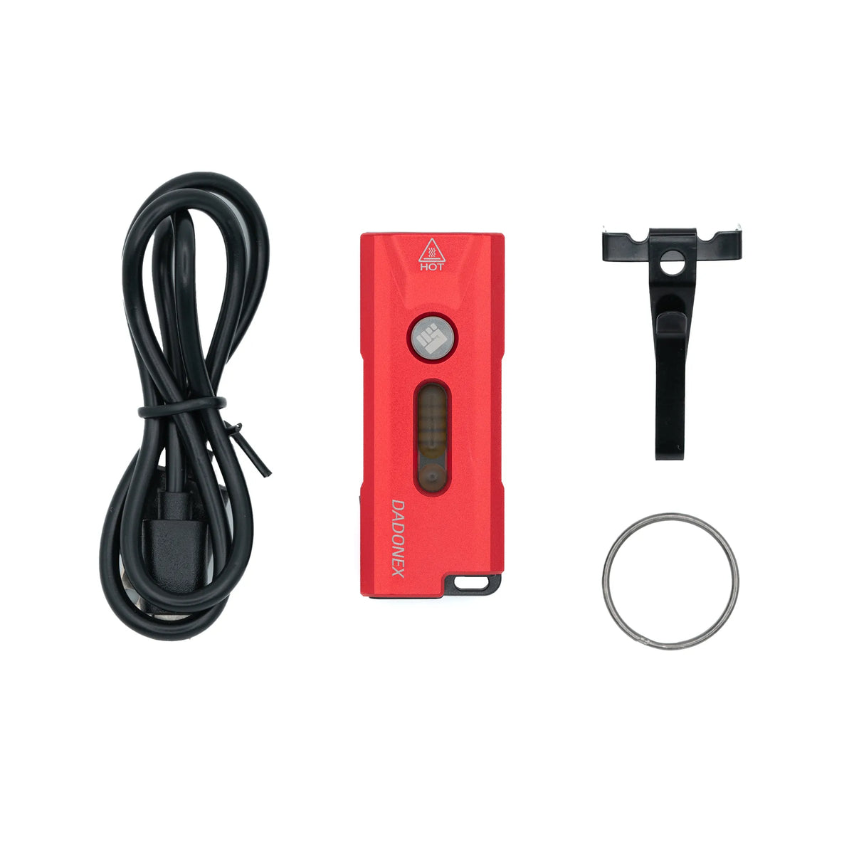 Red VERTEX Nova with charging cable, removable pocket clip and keyring