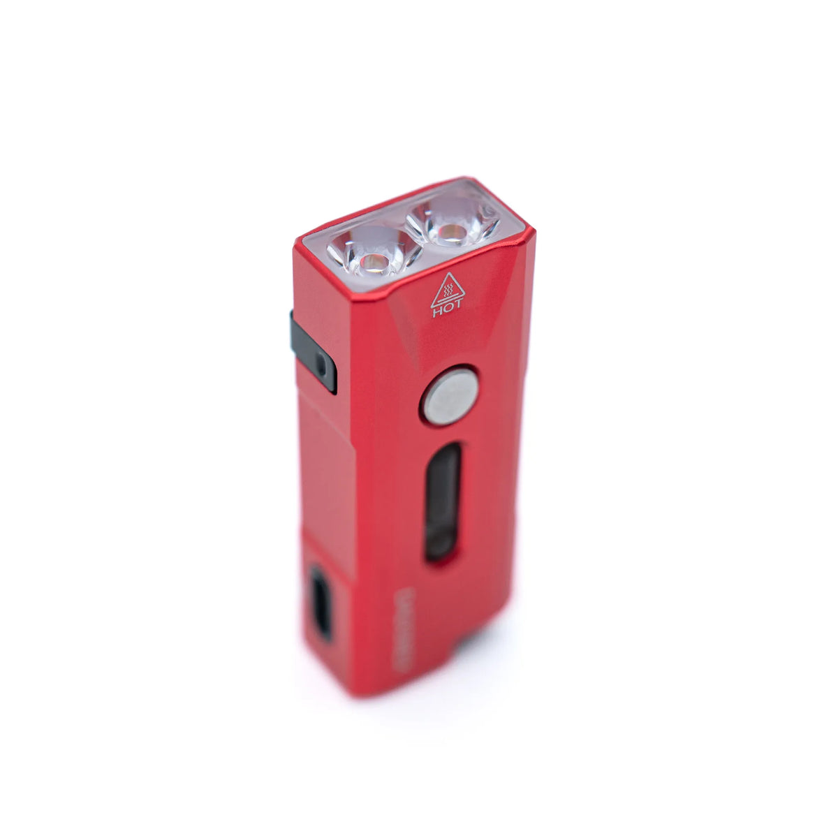 Red VERTEX Nova keychain light, angled view showing the dual LED head
