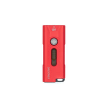 Red VERTEX Nova keychain light, front view with button and side light