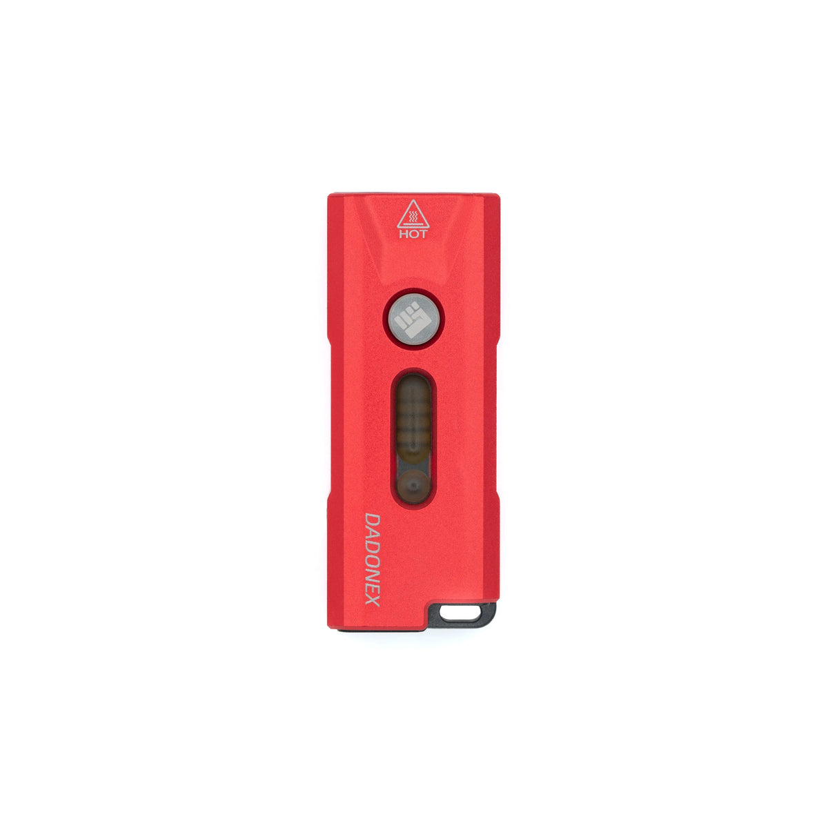Red VERTEX Nova keychain light, front view with button and side light
