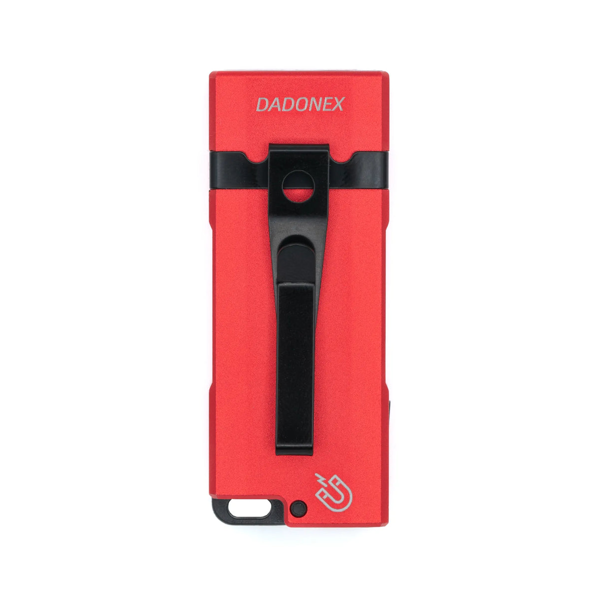 Red VERTEX Nova keychain light, rear view with pocket clip