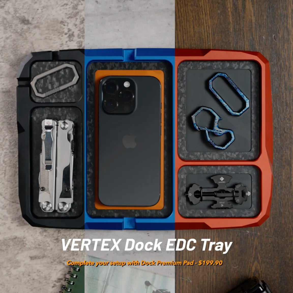 Three finishes of the VERTEX Dock EDC Tray with optional pads and everyday carry gear