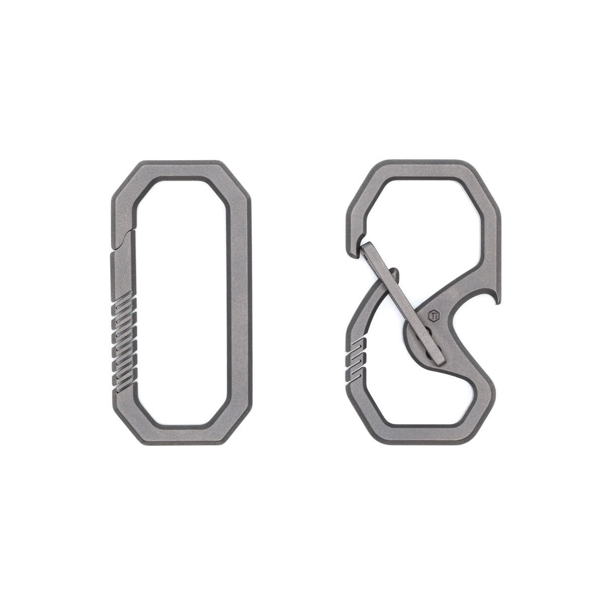 OMNI Link titanium carabiners in Raw Titanium, two designs