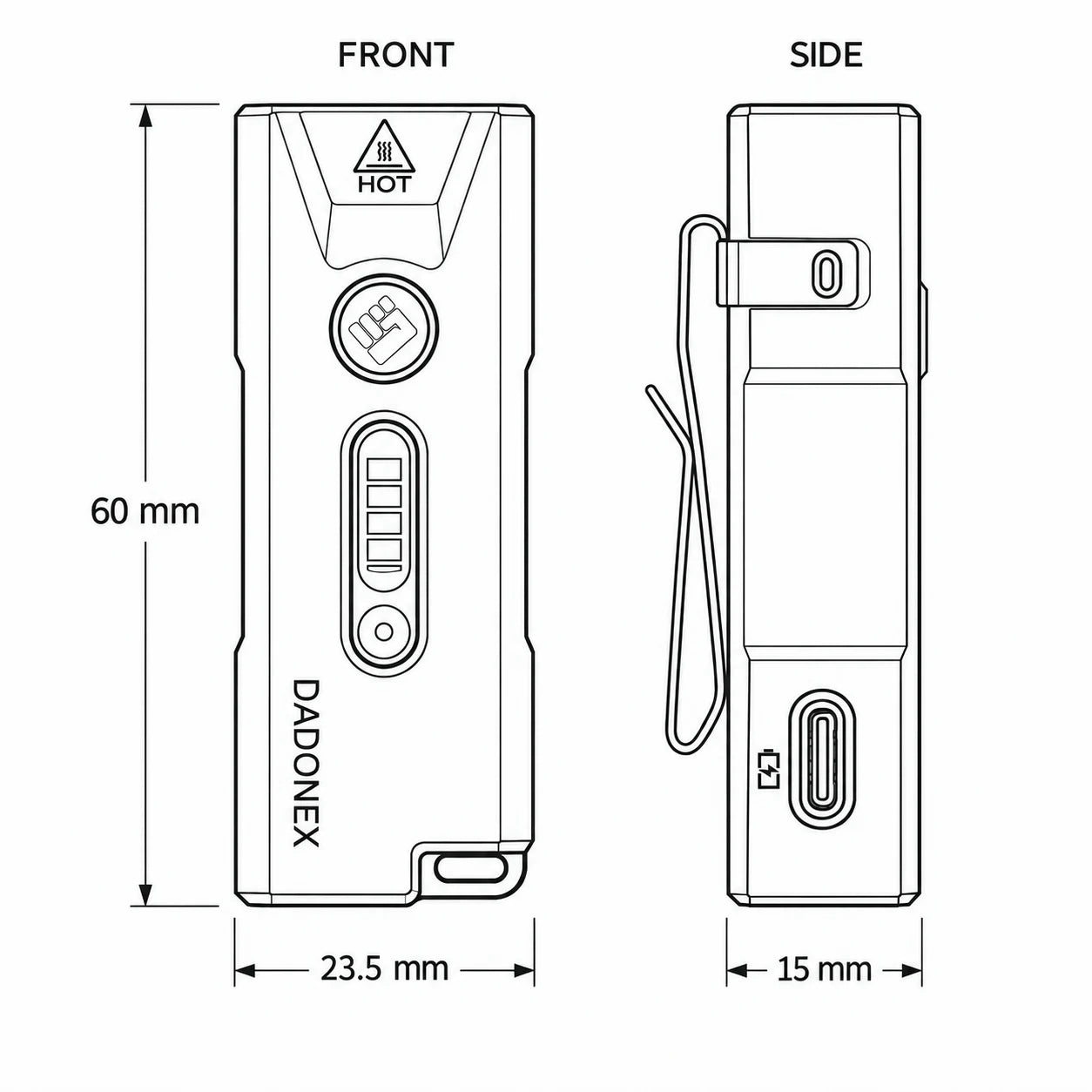 NOVA front and side line drawing: 60 mm height, 23.5 mm width, 15 mm body depth, with pocket clip and USB-C port