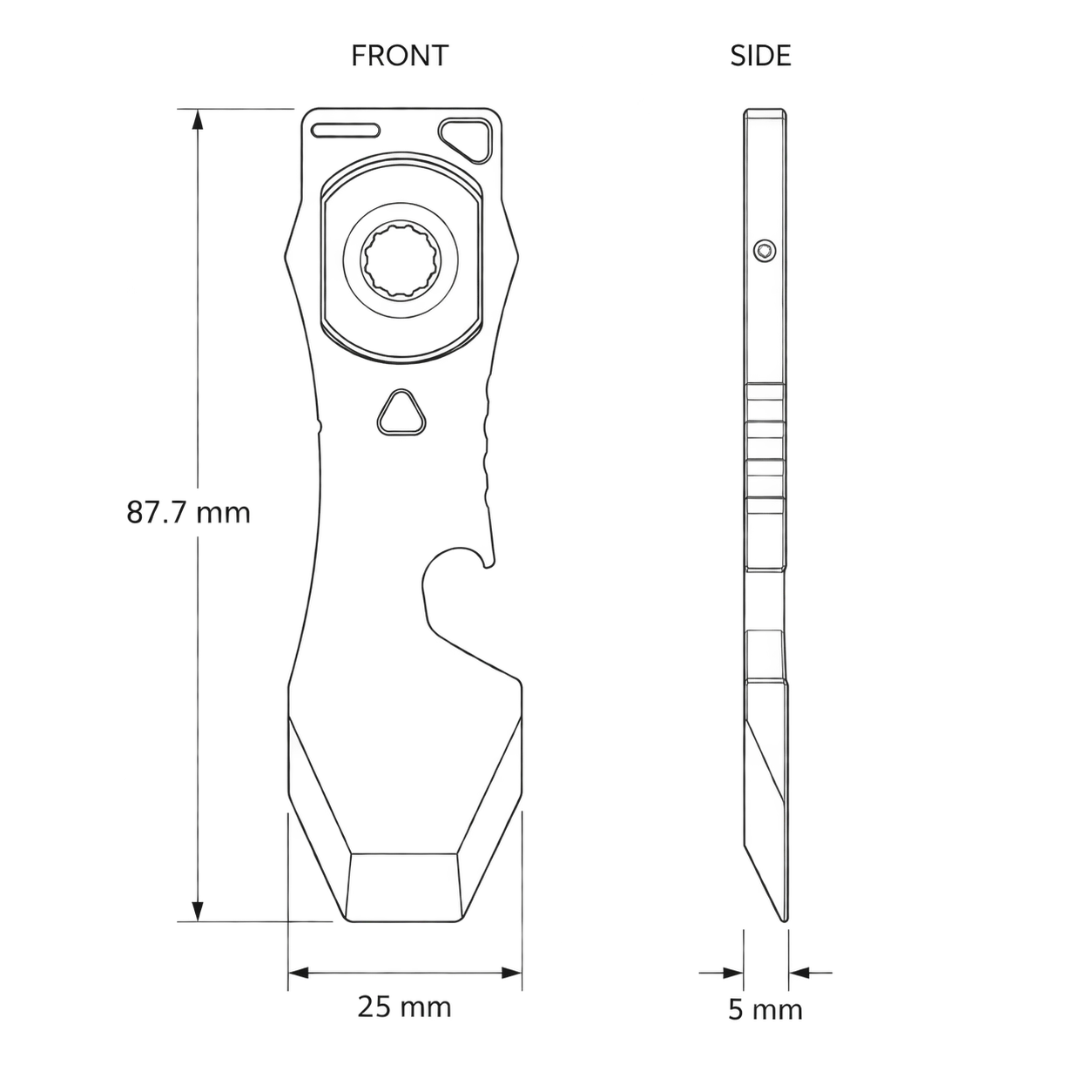 Talon front and side line drawing: 87.7 mm length, 25 mm width and 5 mm thickness